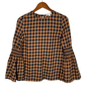 Beach Lunch Lounge Roberta Blouse Flannel Check Bell Sleeve Cotton Women's XS